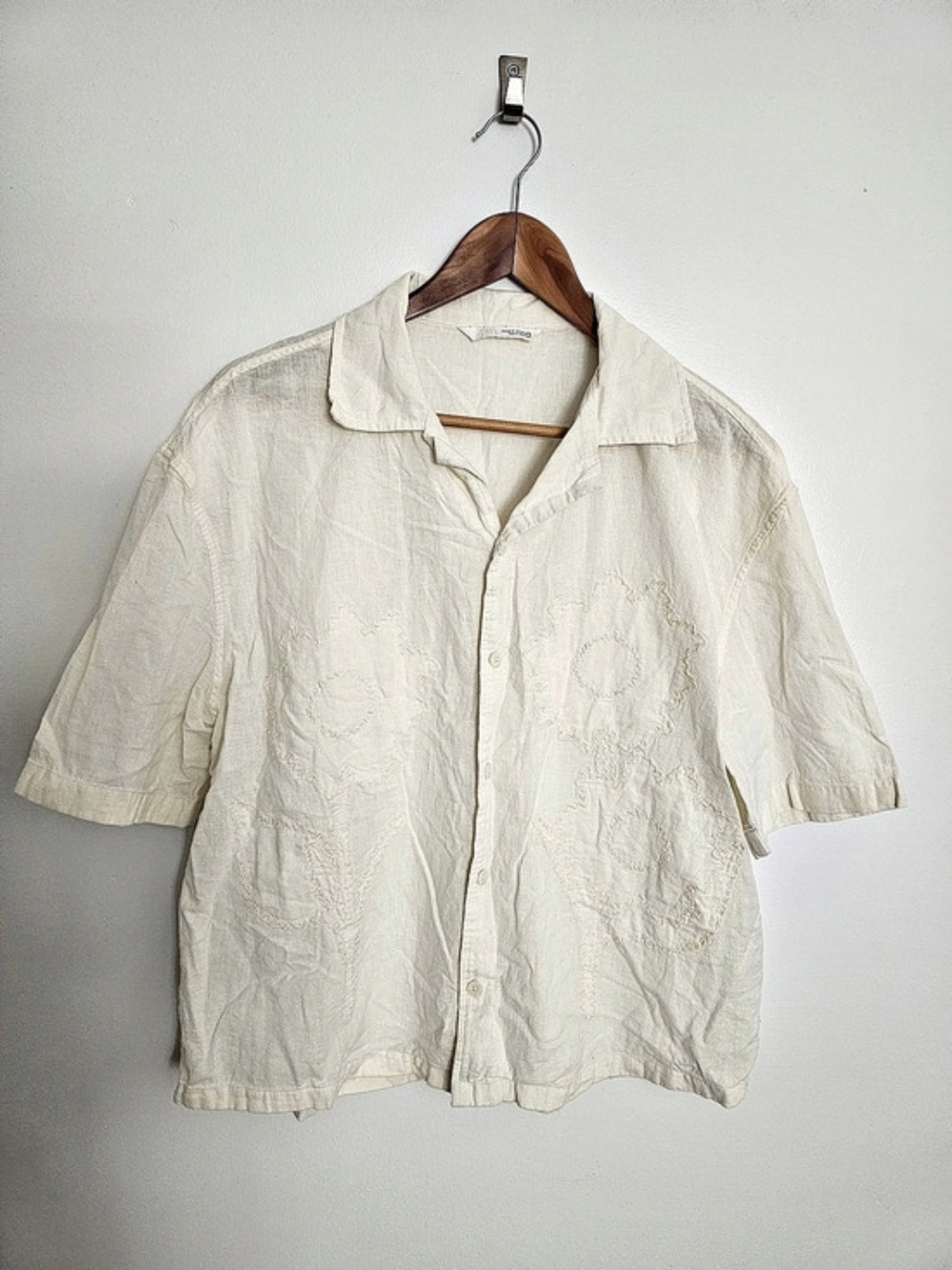 Zara Contrast Embroidered Linen Resort Wear Shirt Cream Ecru Size Medium